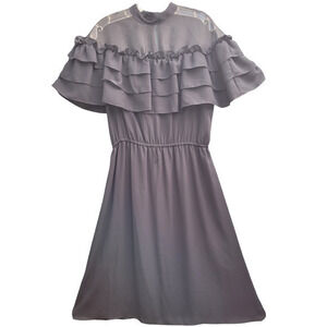 Vintage High Sheer Neck Tiered Ruffle Chest Victorian Style Prom‎ Midi Dress